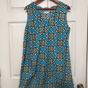 Crown & Ivy blue/yellow floral scalloped dress sz 16 Geometric Coastal Wear